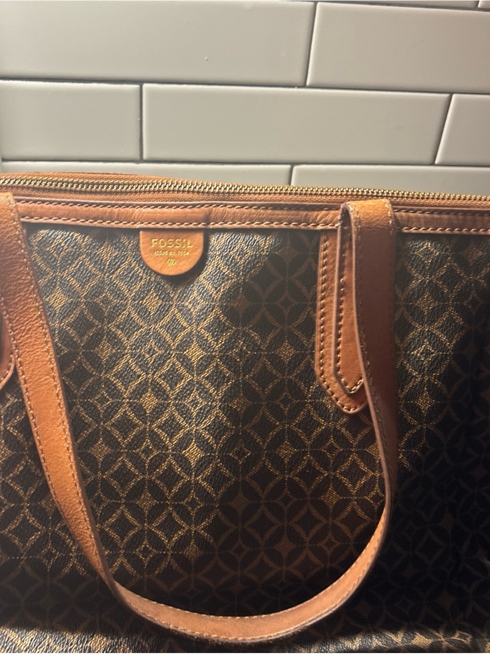 Fossil Brown Patterned Leather-Trim Bag